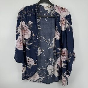 Boho Causal Chic Resort/Beachwear Navy Floral Kimono with Pink Blossoms Open SzL